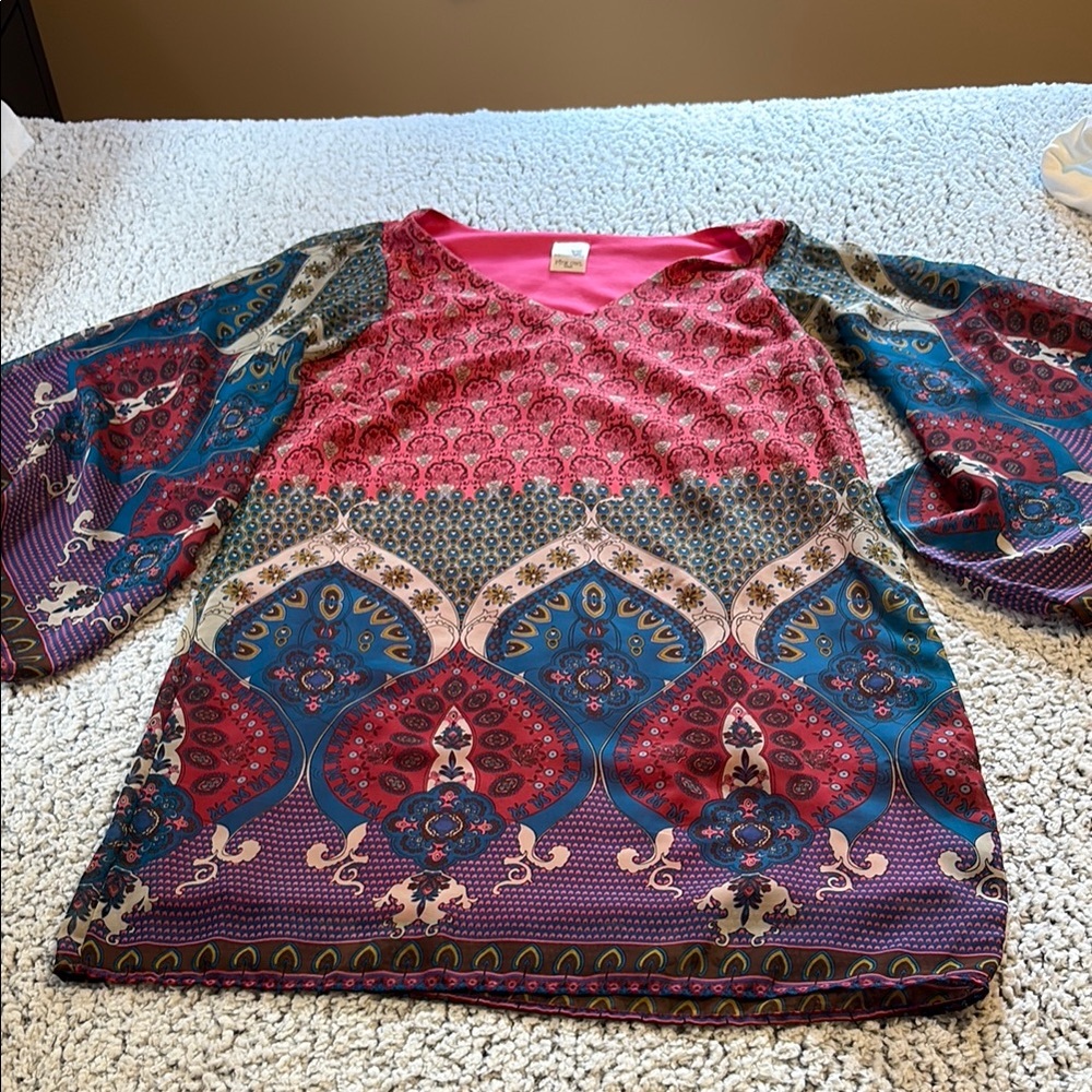 Pink Owl Red and Purple Graphic 3/4 Sleeve Dress